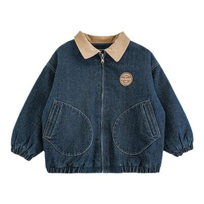 幼悠男童2025新款撞色翻领复古牛仔外套冬季时尚保暖亲肤儿童上衣