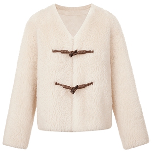 莱茵福莱尔纯绵羊毛秋冬颗粒羊毛大衣牛角扣仿皮草毛茸茸短款外套