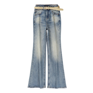 219欧货小蜜蜂春新款做旧磨白弹力牛仔裤显瘦洋气修身微喇长裤女