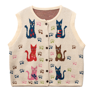 毛衣马甲BUDENGSHI外套开衫背心可爱少女猫咪休闲针织内外搭毛衫