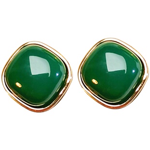 复古宫延绿色无耳洞耳夹气质2024年新款潮银针耳饰耳环女纯银耳钉