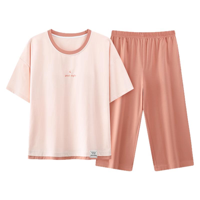 浪莎带胸垫睡衣女纯棉夏季短袖七分裤可外穿女士休闲家居服套装