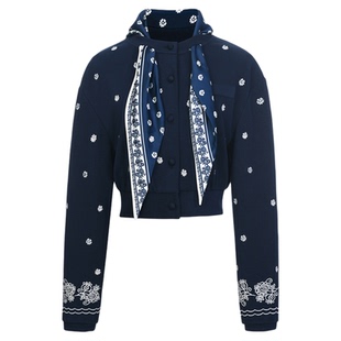 lefame拉飞姆2026春季新款时尚赫本风珠饰印花丝巾绣花卫衣外套女