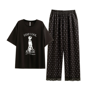 悦内带胸垫睡衣女款夏季夏天冰丝短袖长裤家居服时尚黑色薄款丝绸