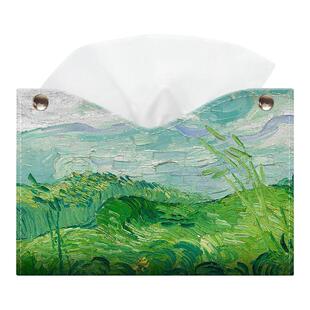 梵高油画绿色麦田纸巾盒家用客厅书房抽纸盒轻奢风纸抽盒高档艺术