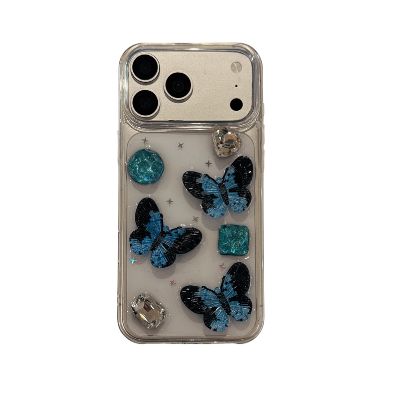 水钻蓝黑蝴蝶适用苹果17promax手机壳华为Mate80小米15oppoReno16立体vivos60红米k90一加ace6保护套荣耀600