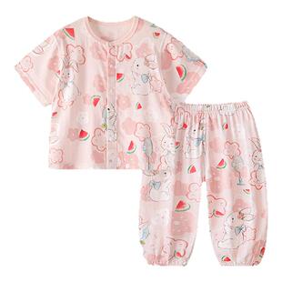 婴儿短袖套装夏季天竹棉纱布短袖长裤男女童宝宝轻薄透气休闲夏装