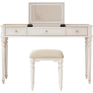 法式实木梳妆台翻盖镜卧室高级感奶油风化妆桌书桌二合一隐藏镜子