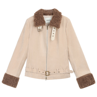 pusumede【现货5.5折】毛毛拼接夹棉皮衣外套女气质显瘦短款夹克