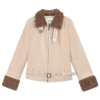 pusumede【现货5.5折】毛毛拼接夹棉皮衣外套女气质显瘦短款夹克