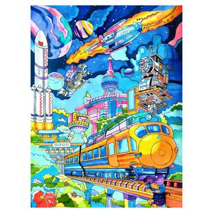 4K纯手绘半成品线稿模版勾线铅笔可擦未来科幻画科技画创意手抄报