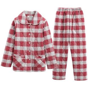 美标新款三层加厚保暖夹棉纯棉睡衣套装女秋冬休闲格子全棉家居服