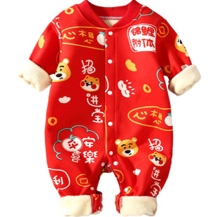 婴儿衣服宝宝女宝秋冬套装红色喜庆连体衣小孩加绒保暖外出服哈衣