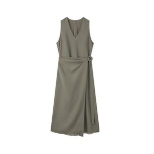 LILY2025新款醋酸混纺复古简约无袖V领不对称收腰连衣裙女长裙