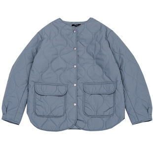 KNgs 冬季复古日系菱形格纯色短款开衫圆领内胆薄款棉衣外套女