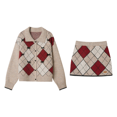 Uena卡其色毛针织开衫半身裙套装