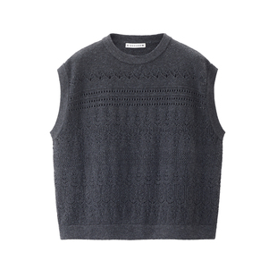 设计师款佐丹奴叠穿针织背心女镂空绞花宽松圆领针织马甲18355214