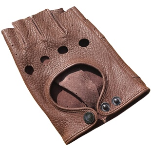 夏季半指摩托车手套复古骑行真皮露指机车打孔舒适透气款男士鹿皮