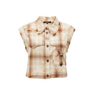 tq区绫致ONLY2025春夏潮流酷感格纹纯棉无袖短款衬衫女士时尚