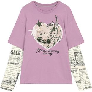 妖精的口袋假两件复古紫色印花长袖t恤女2026早春新款设计感上衣