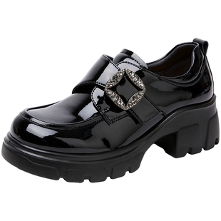 明星同款百田森黑色小皮鞋女25年冬季加绒乐福鞋厚底英伦风小皮鞋