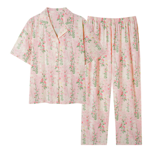 芬腾可安夏季女睡衣莱赛尔棉短袖长裤套装简约高级感可外穿家居服