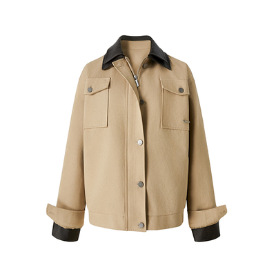 Uena卡其色双层撞色翻领外套