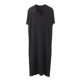 春秋新款翻领过膝针织连衣裙女宽松打底气质短袖中长款毛衣长裙子