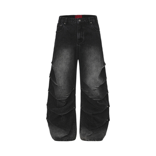 4AM 原创夜行蜈蚣复古水洗压褶黑牛牛仔裤设计感小众baggy弯刀裤