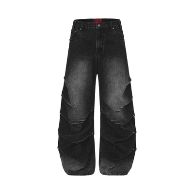 夜行蜈蚣复古水洗压褶黑牛牛仔裤