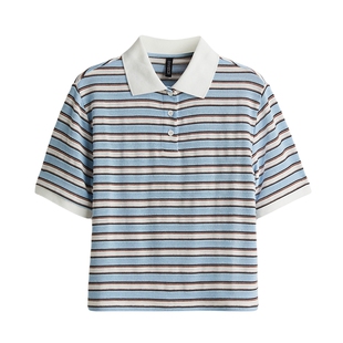 HM女装毛针织衫春季细密针织翻领条纹短款Polo衫保暖上衣1296669