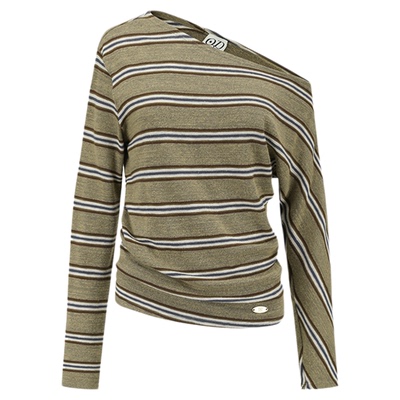 【白鹿同款】ODTD秋季新款针织慵懒风斜肩T恤条纹长袖上衣针织衫