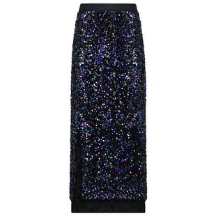 COCOBELLA幻彩亮片丝绒半身裙女气质名媛小香风开叉长裙HS548