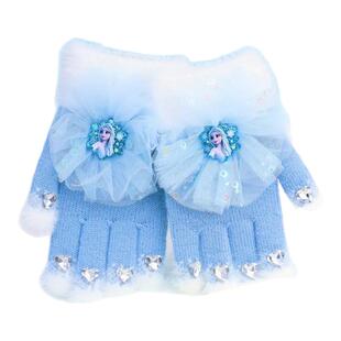 秋冬款艾沙公主手套儿童五指保暖可爱半指翻盖女童厚毛线手套帽子