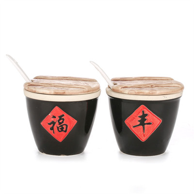 创意福字缸带勺盖家用调味瓶罐