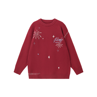 PCMY跨年穿搭烟花刺绣酒红色毛衣男女2026新年宽松情侣针织衫上衣