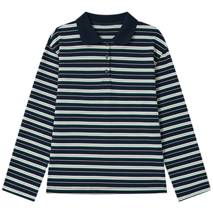 Halo Luu 藏青色条纹长袖t恤女春季新款复古POLO衫百搭学院风上衣