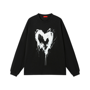 颜安同款 INXX水墨爱心印花长袖T恤男宽松美式中性风休闲上衣女潮