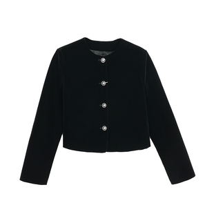 pusumede 千金贵感 黑色小香风丝绒外套女高级感气质通勤短款上衣