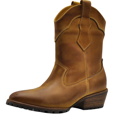 里外全皮复古粗跟中筒靴