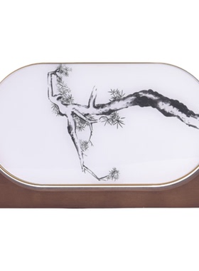 新中式圆形古典绿色山水亚克力屏风装饰摆件木质底座客厅书房软装