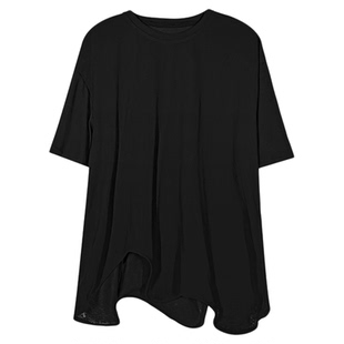 陆与山屿设计感小众波浪下摆不规则黑色宽松休闲上衣女士打底T恤