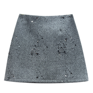 冬季钉珠亮片闪闪加厚毛呢短裙半身裙女秋冬新款呢子A字包臀裙子