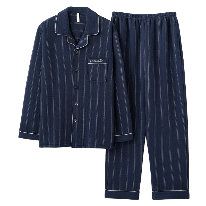 高档睡衣男中厚100纯棉秋冬季薄夹棉夹层加大码抗菌全棉家居服4XL
