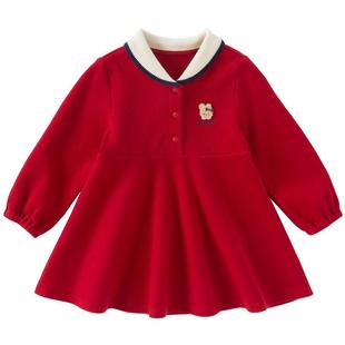 戴维贝拉女童连衣裙春装儿童学院风公主裙海军领宝宝红色新年裙子