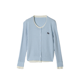 春季新款女装假两件针织衫春款开衫外套女天丝莱赛尔蓝色薄款毛衣