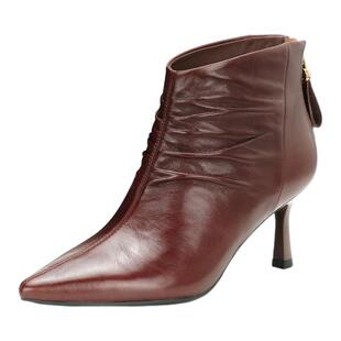 COMELY康莉2025尖头细跟高跟皱纹后拉链短靴靴裸靴女靴子KYQ58656