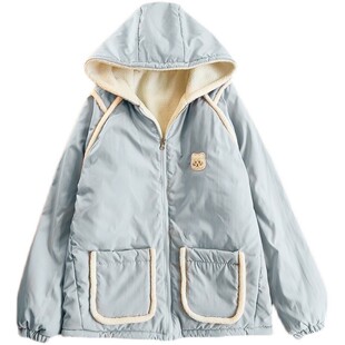 双面穿棉衣棉服羊羔毛外套女冬新款设计感日系软妹甜美少女棒球服