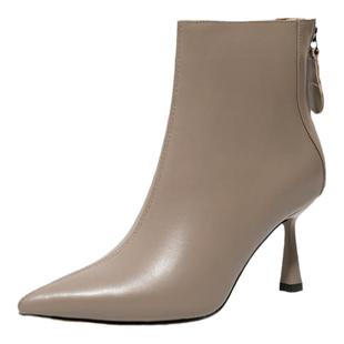 真皮纯皮短靴女单靴春秋马丁靴气质尖头奶茶色细高跟鞋靴子米白色