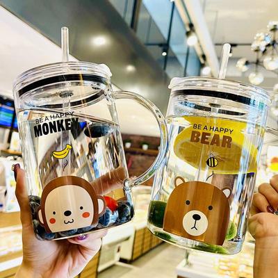 高颜值杯子女夏家用玻璃杯把手1000ml大容量吸管杯办公室水杯带盖
